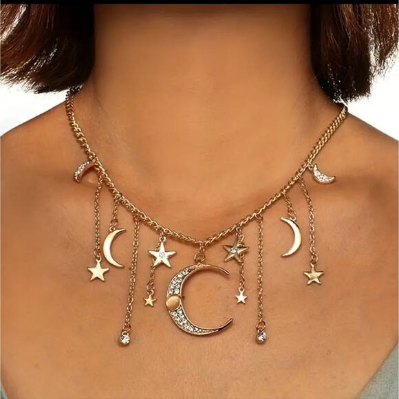 Crescent moon and stars boho necklace - Picture 2 of 10